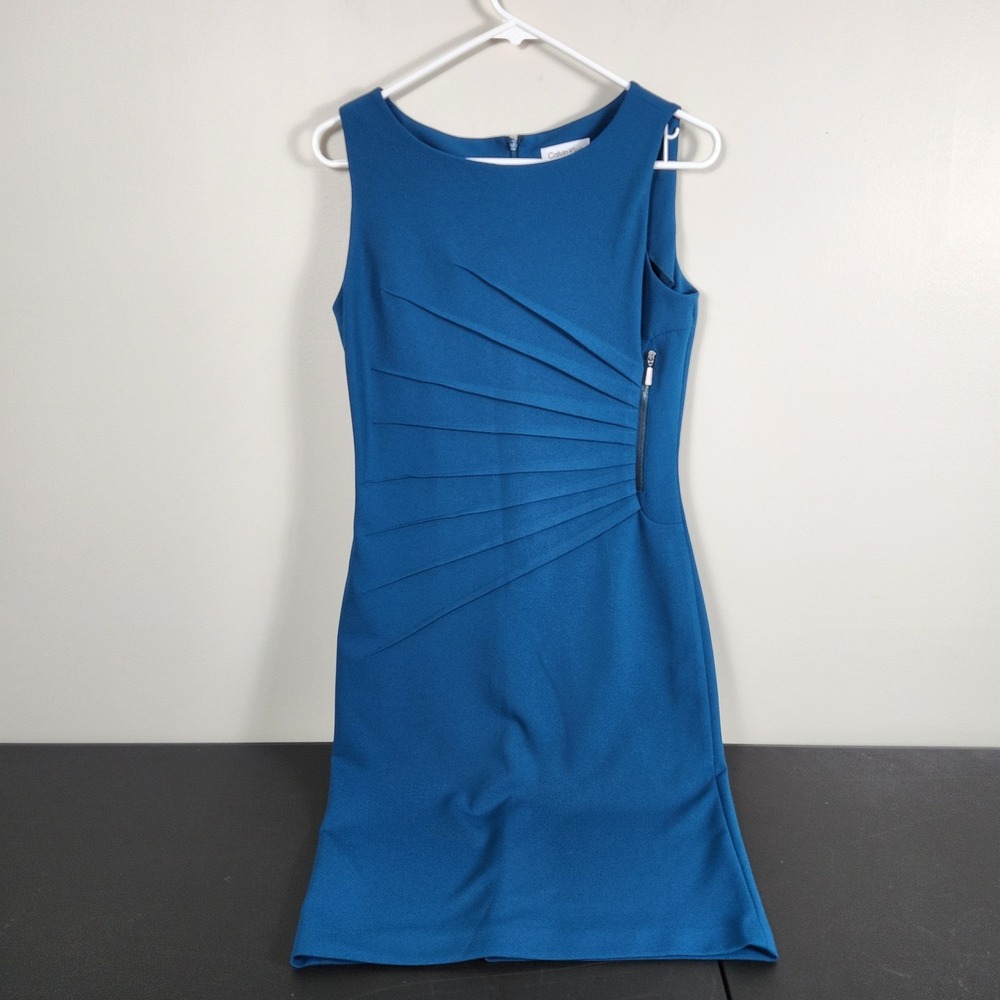 Calvin Klein Teal Blue Pleated Sheath Dress Sleeveless Work Cocktail Size 6